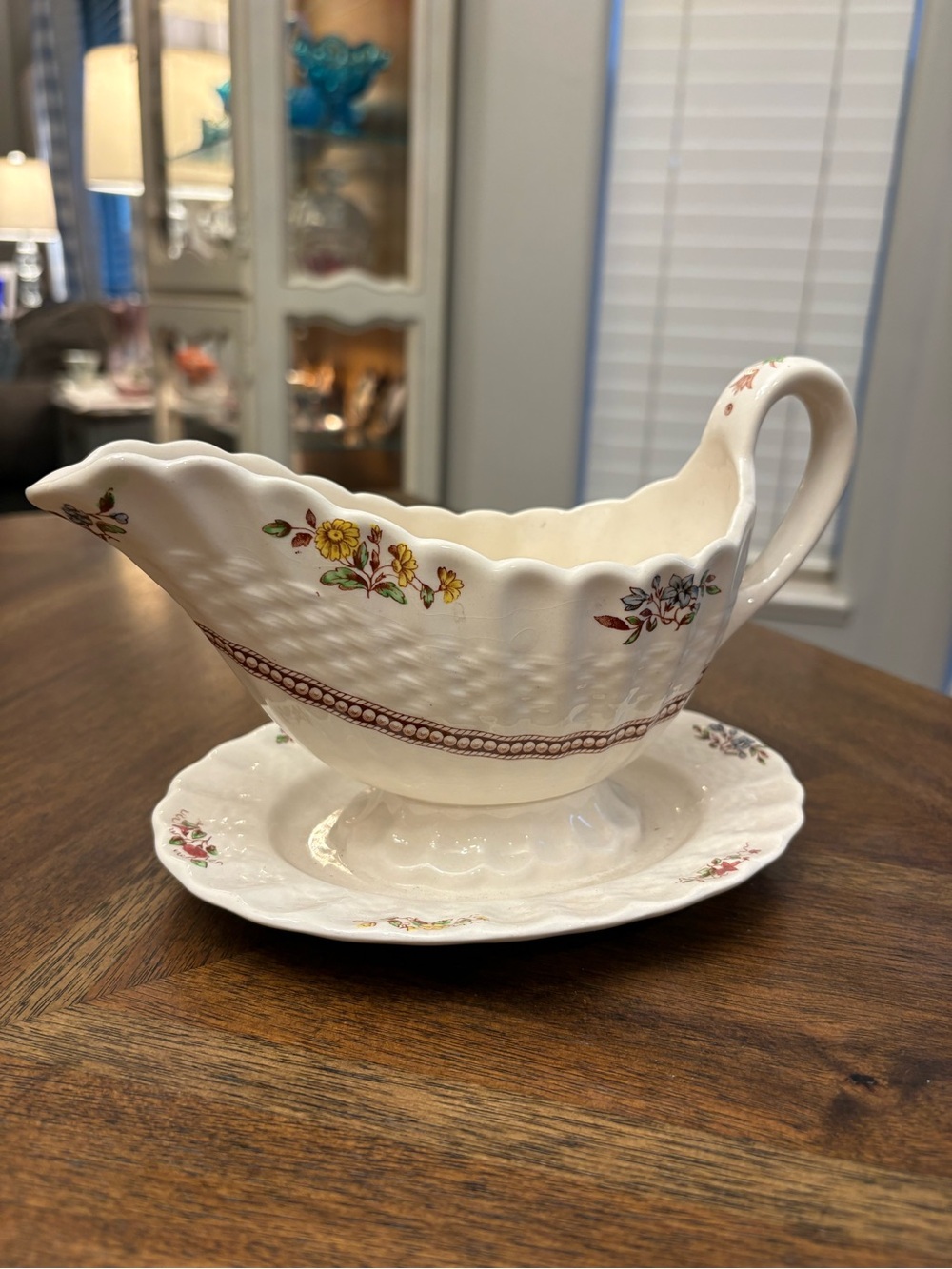 Copeland Spode "Rosalie" Pattern Gravy Boat with Attached Underplate